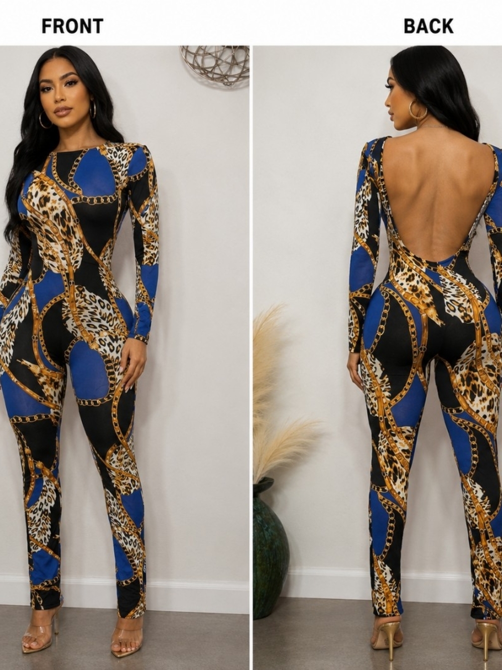 Backless Chain & Leopard Print Jumpsuit - Blue/Black